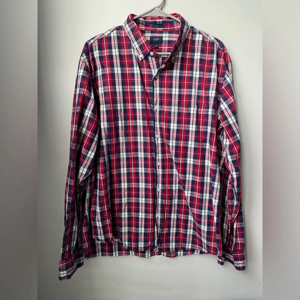 JCREW Red Blue White Plaid Long Sleeve Button-down Cotton Shirt Size: XL Slim